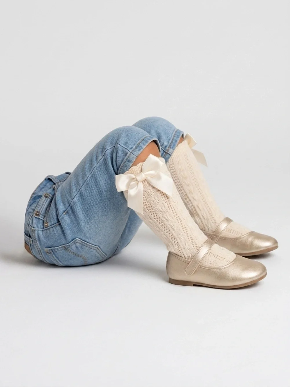 Cream Knit Toddler Socks with Satin Bows - Size 1-3 Years